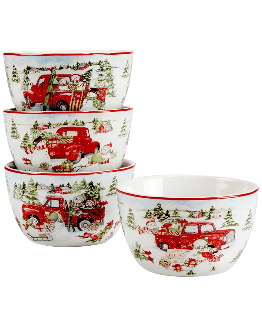 Certified International Red Truck Snowman Set Of 4 Ice Cream Bowls In Multi
