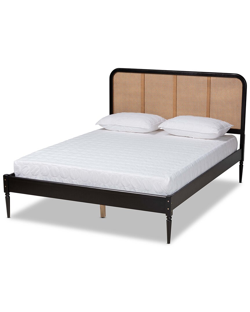 Design Studios Elston Mid-century Modern Charcoal Finished Wood & Synthetic Rattan Queen Size Platfo In Brown
