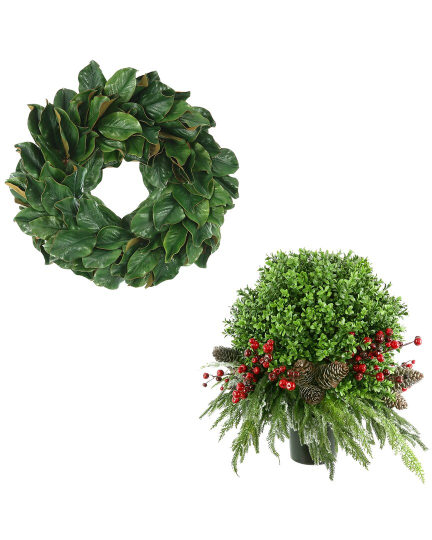Creative Displays Classic Holiday Set With 24in Christmas Magnolia Wreath & Uv-rated Boxwood Drop-in In Green