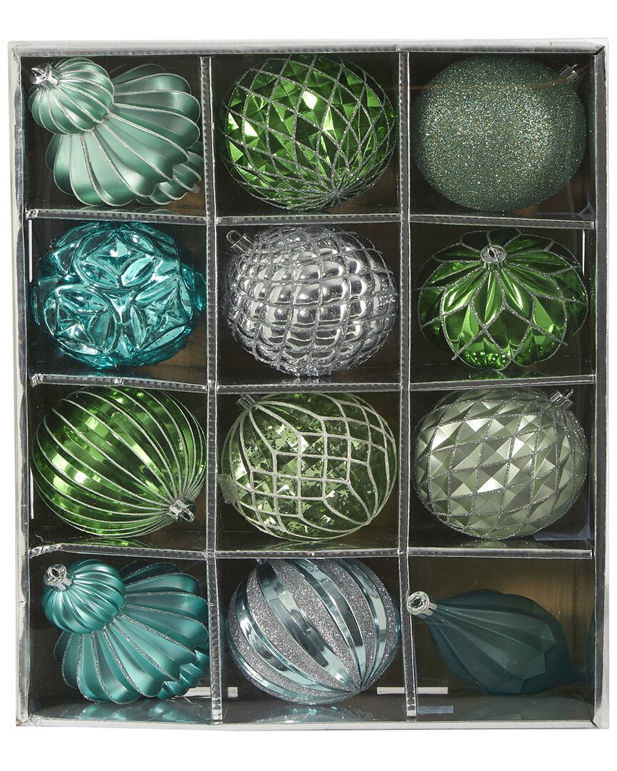 Nearly Natural Set Of 12 Lux Shatterproof Ornaments In Silver