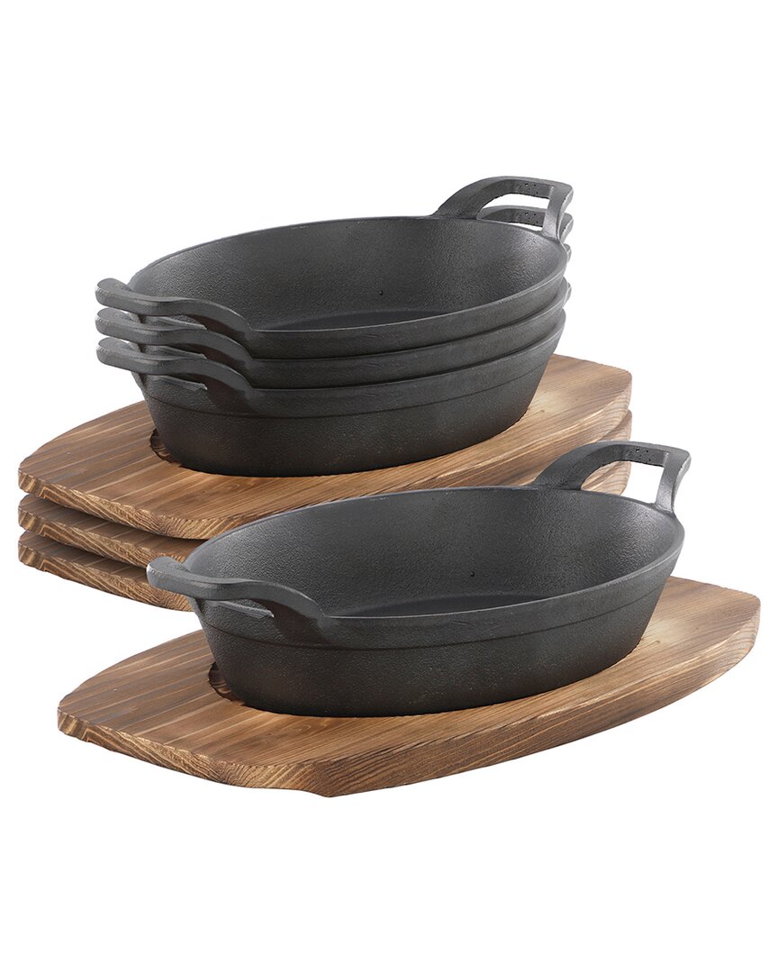 Megachef 4pc Mini Cast Iron Oval Pan With Wood Trivet Set In Black