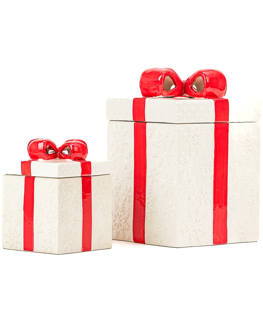 10 Strawberry Street Set Of 2 Gift Box Cookie Jars With Red Ribbon In Red
