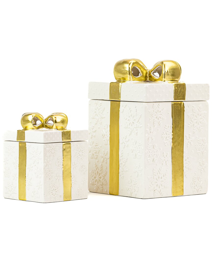 10 Strawberry Street Set Of 2 Gift Box Cookie Jars With Gold Ribbon In Gold
