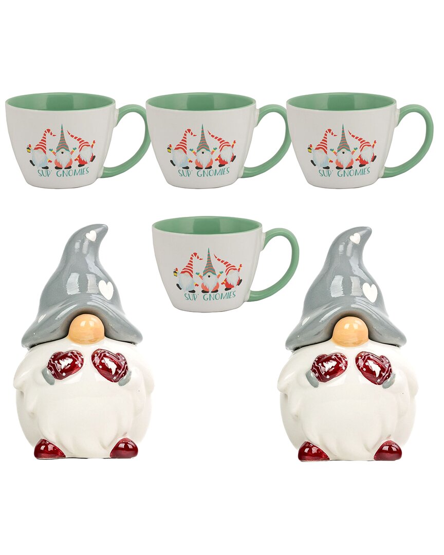10 Strawberry Street Gnome Cocoa Serving Set - 2 Mini Canisters & 4 S'up Gnomies Mugs In Gray