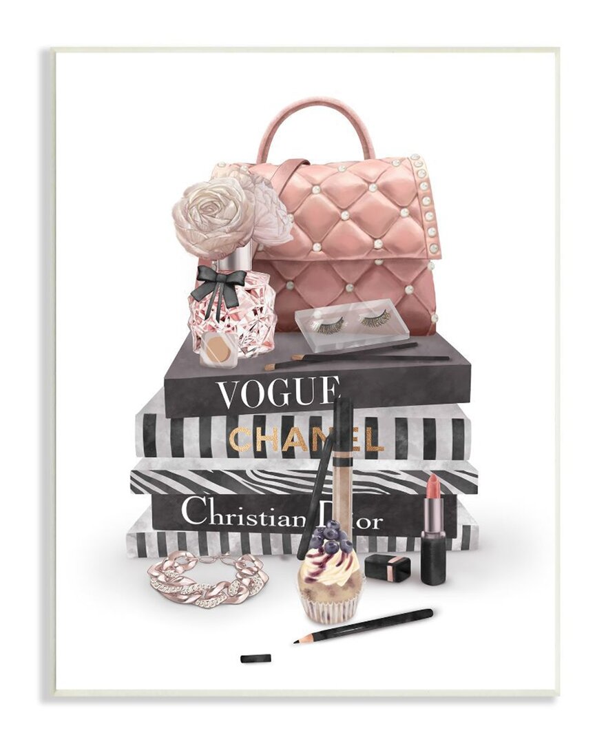 Stupell Fashion Bookstack Purse Perfume Pink Glam Design Wall Art