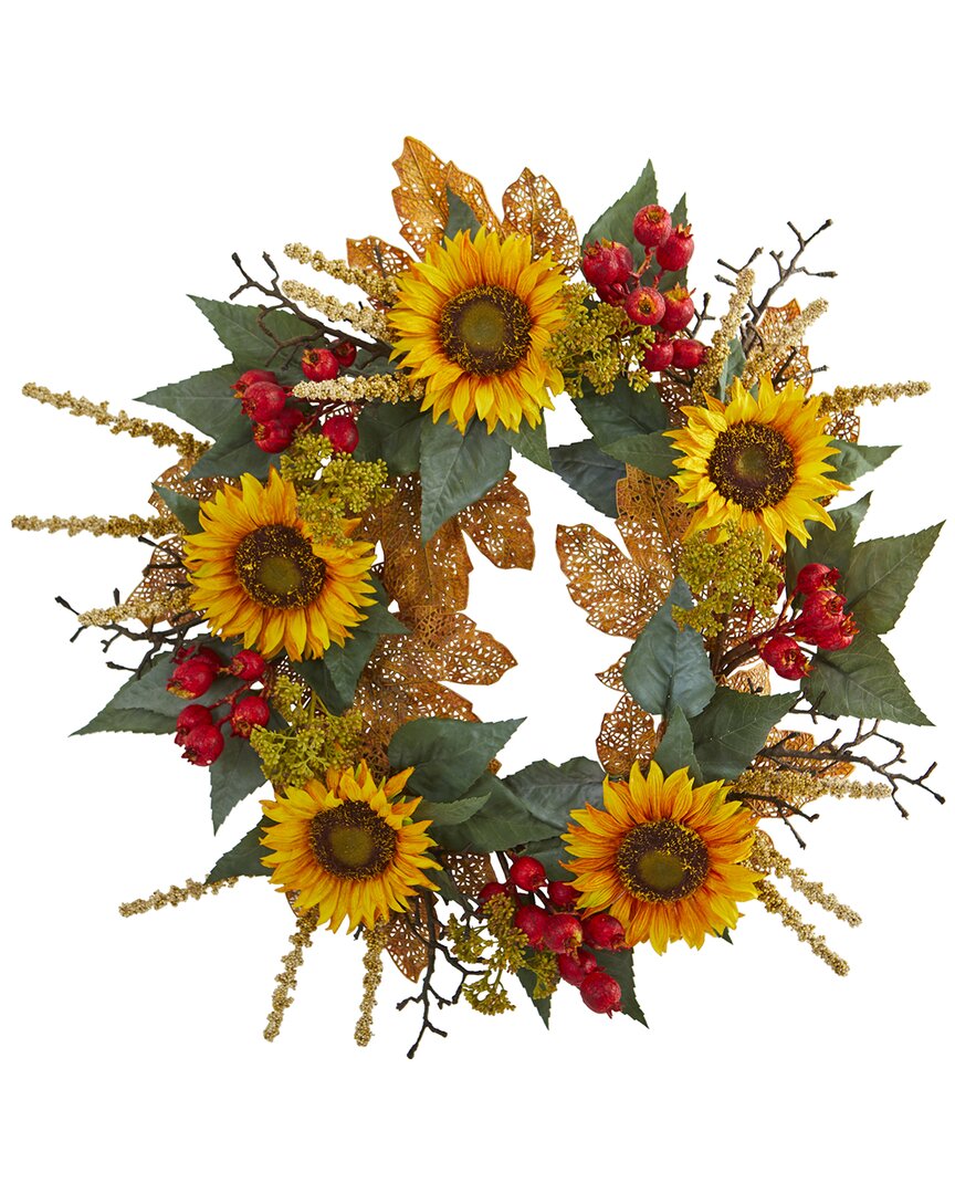 Nearly Natural 27in Sunflower Berry Artificial Wreath In Multi