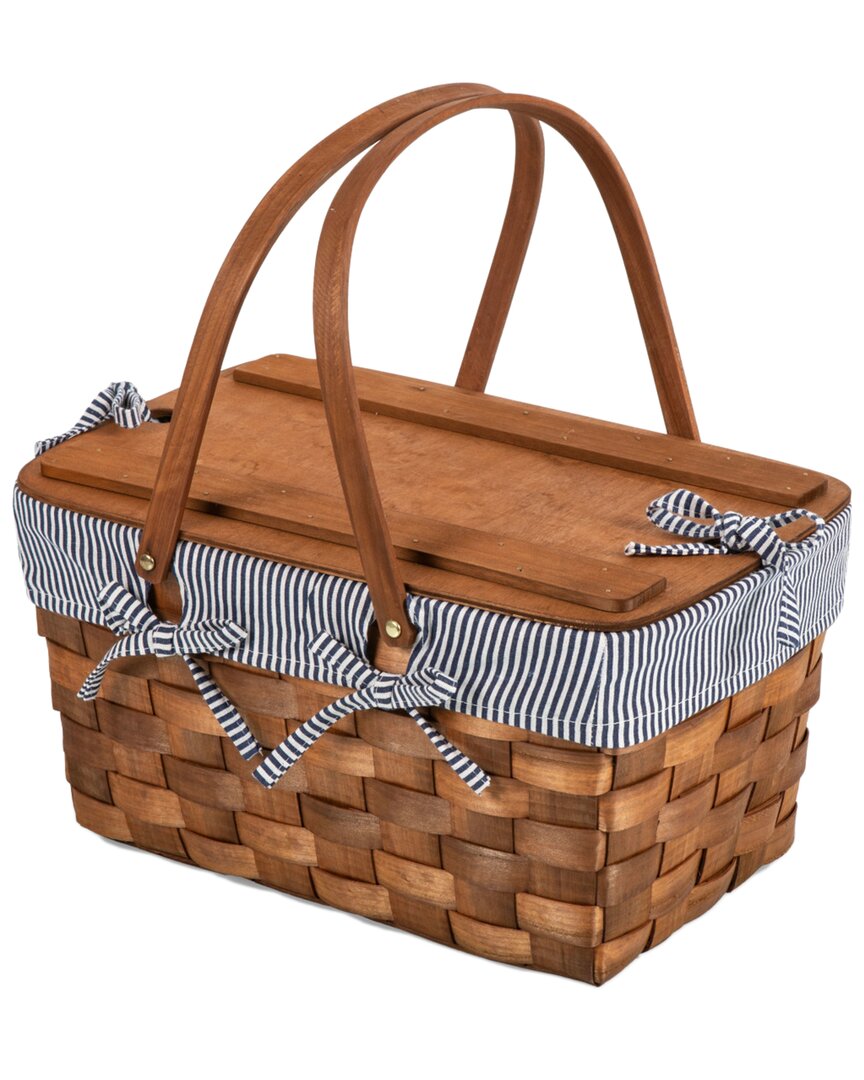 Picnic Time Kansas Stripe Handwoven Wood Picnic Basket In Navy