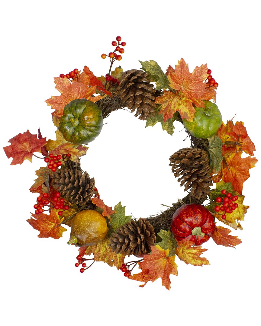 NORTHLIGHT NORTHLIGHT LEAVES PINE CONES AND PUMPKINS ARTIFICIAL FALL HARVEST WREATH - 20-IN UNLIT