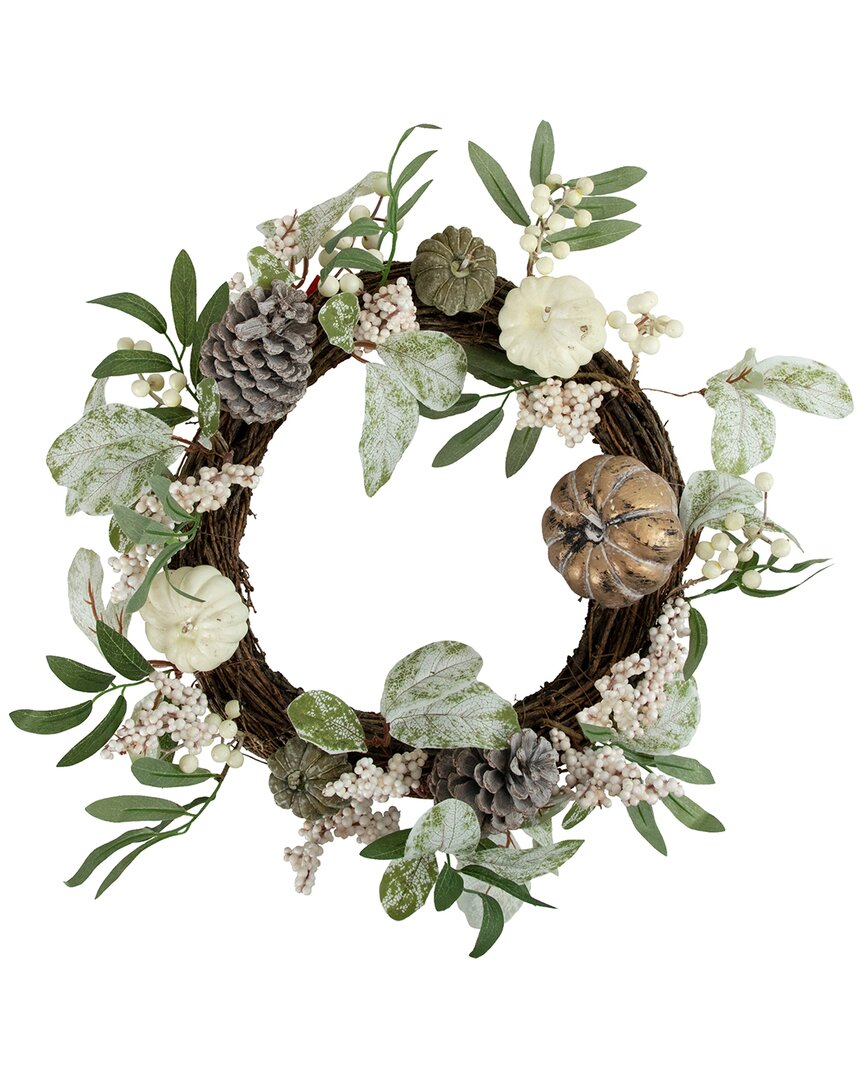 Northlight 20" Pumpkin And Berries With Pinecones Artificial Fall Harvest Twig Wreath 20" Unlit In Green