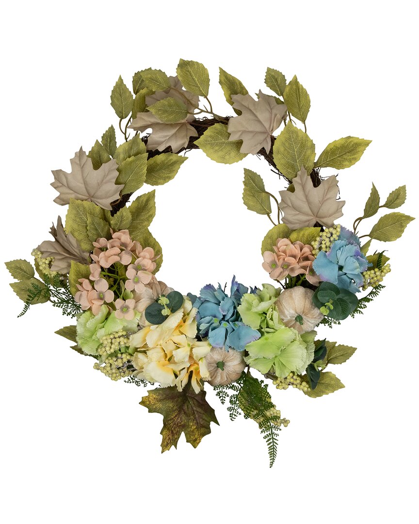 Northlight Green And Blue Floral And Gourds Thanksgiving Artificial Wreath 22-inch In Green