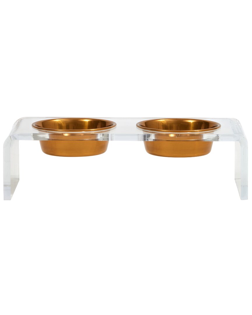 Hiddin Small Clear Double Bowl Pet Feeder In Gold