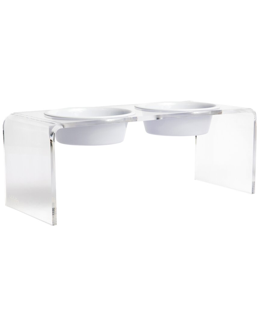 Hiddin Small Clear Double Bowl Pet Feeder With White Bowls In White