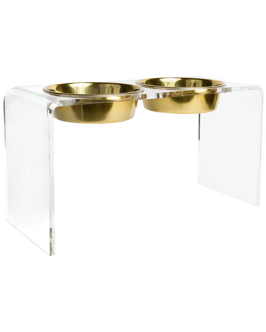 Hiddin Large Clear Double Bowl Pet Feeder With Metallic Bowls In Gold