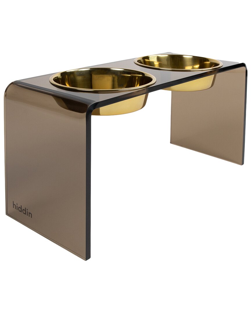 Hiddin Large Smoke Bronze Double Bowl Pet Feeder With Gold Bowls