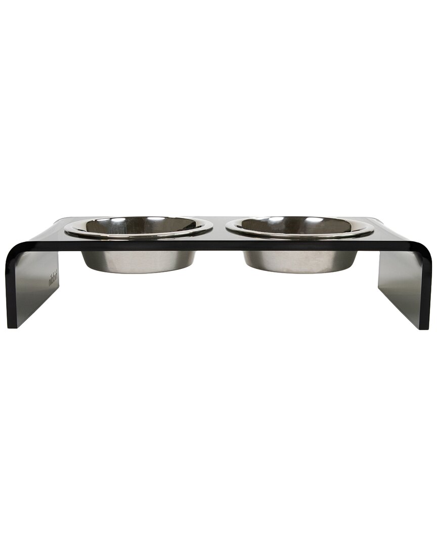 Hiddin Small Smoke Grey Double Bowl Pet Feeder With Silver Bowls In Silver
