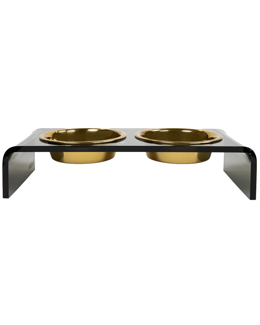 Hiddin Small Smoke Grey Double Bowl Pet Feeder With Gold Bowls