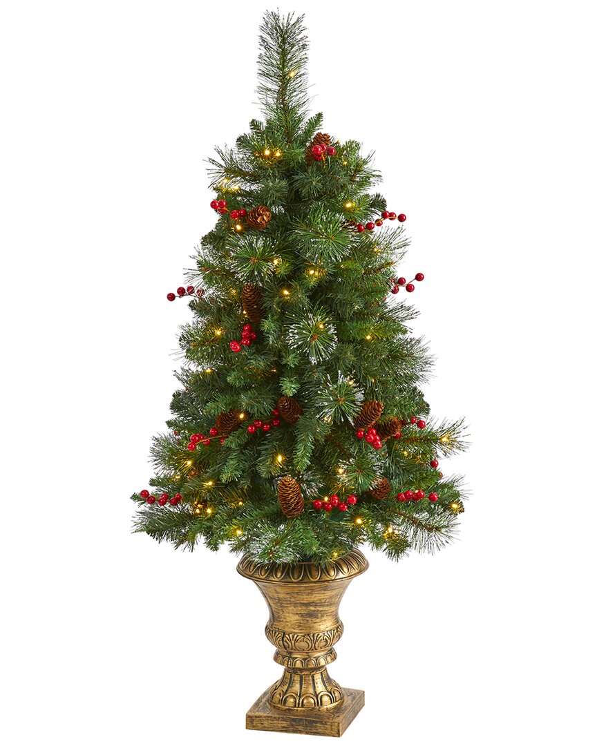 Nearly Natural 4 Foot Pine In Decorative Urn With Pinecone And Berries And 100 Clear Led Lights Pre-lit Christmas T In Green