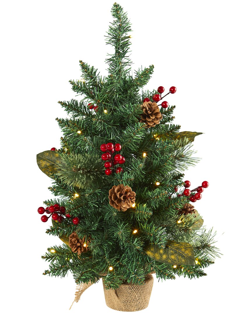 Nearly Natural 2ft. Pine, Pinecone And Berries Artificial Christmas Tree With 35 Led Lights And 86 B In Green