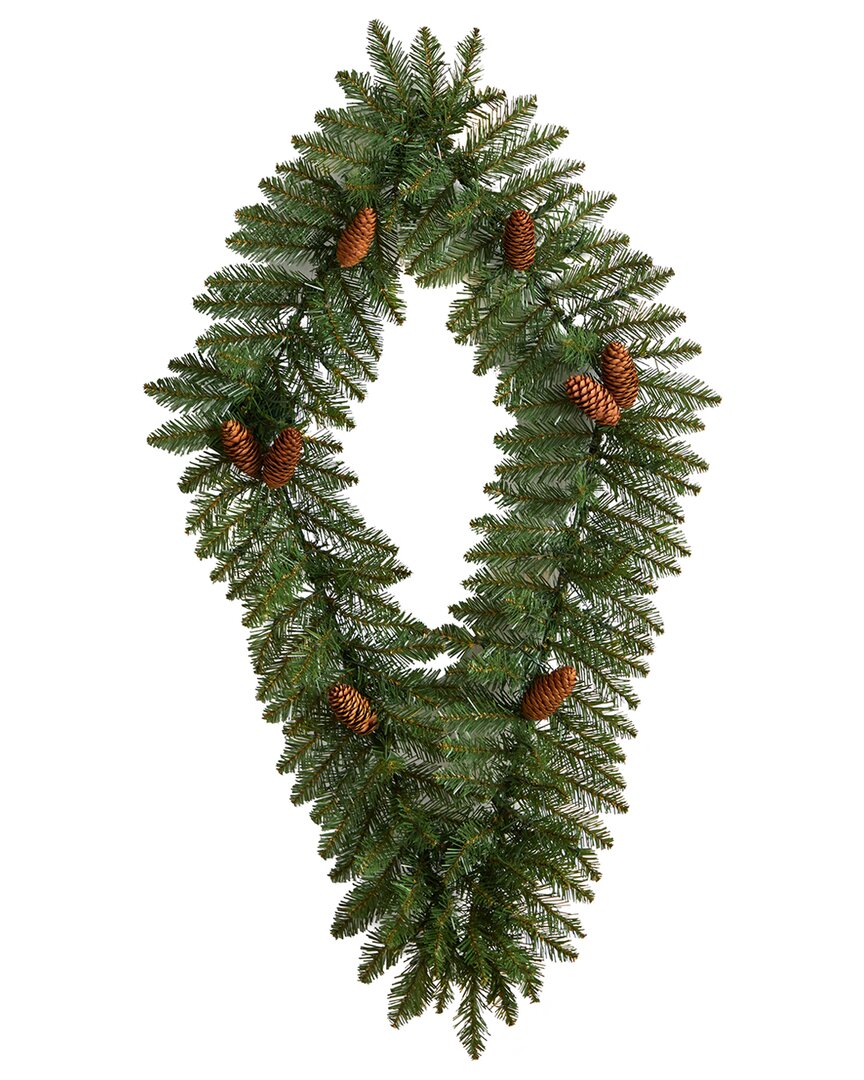 Nearly Natural 3ft. Holiday Christmas Geometric Diamond Wreath With Pinecones And 50 Warm White Led  In Green