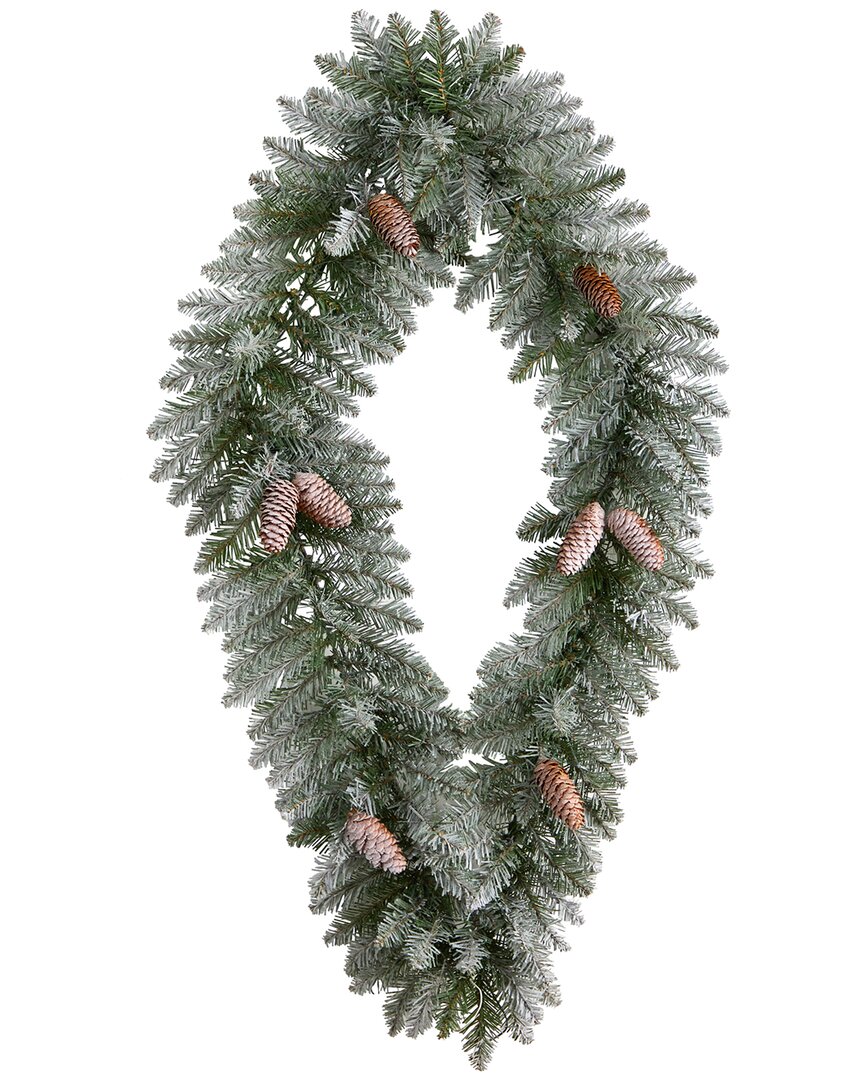 Nearly Natural 3ft. Holiday Christmas Geometric Diamond Frosted Wreath With Pinecones And 50 Warm Wh In Green