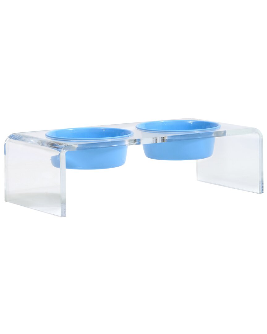Hiddin Small Clear Double Bowl Pet Feeder With Blue Bowls