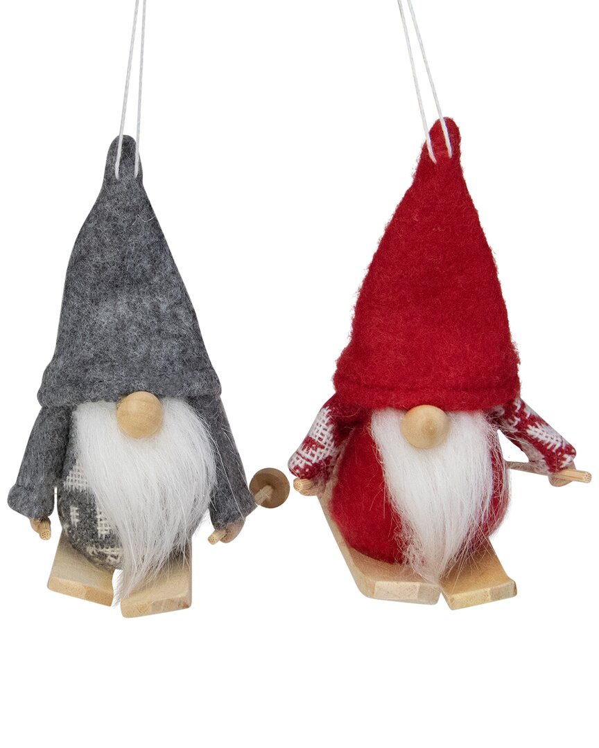 Northern Lights Dnu Unprofitable Northlight Set Of 2 Gray And Red Skiing Santa Gnome Christmas Ornaments 4in In Multi
