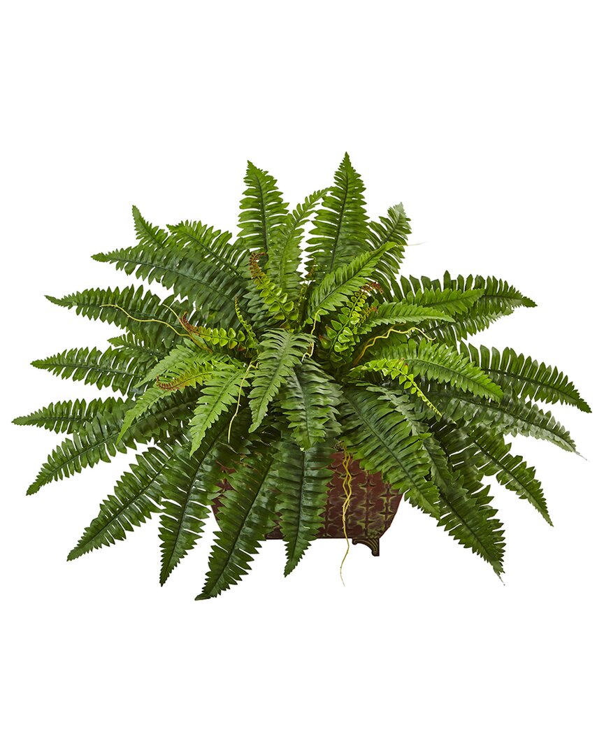Nearly Natural Boston Fern In Metallic Planter In Green
