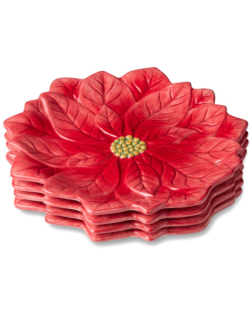 Certified International Set Of 4 Winter Blooms 3d Poinsettia Dessert Plates In Red