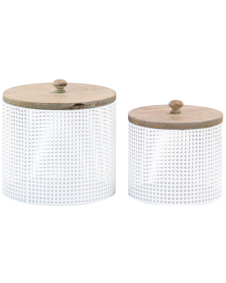 Peyton Lane Set Of 2 Metal Mesh Inspired Decorative Jars With Wood Lids In White