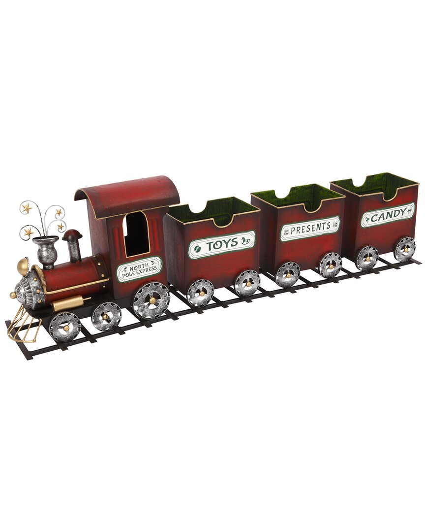 Gerson International Red Metal Holiday Train On Tracks With 3 Empty Car In Red