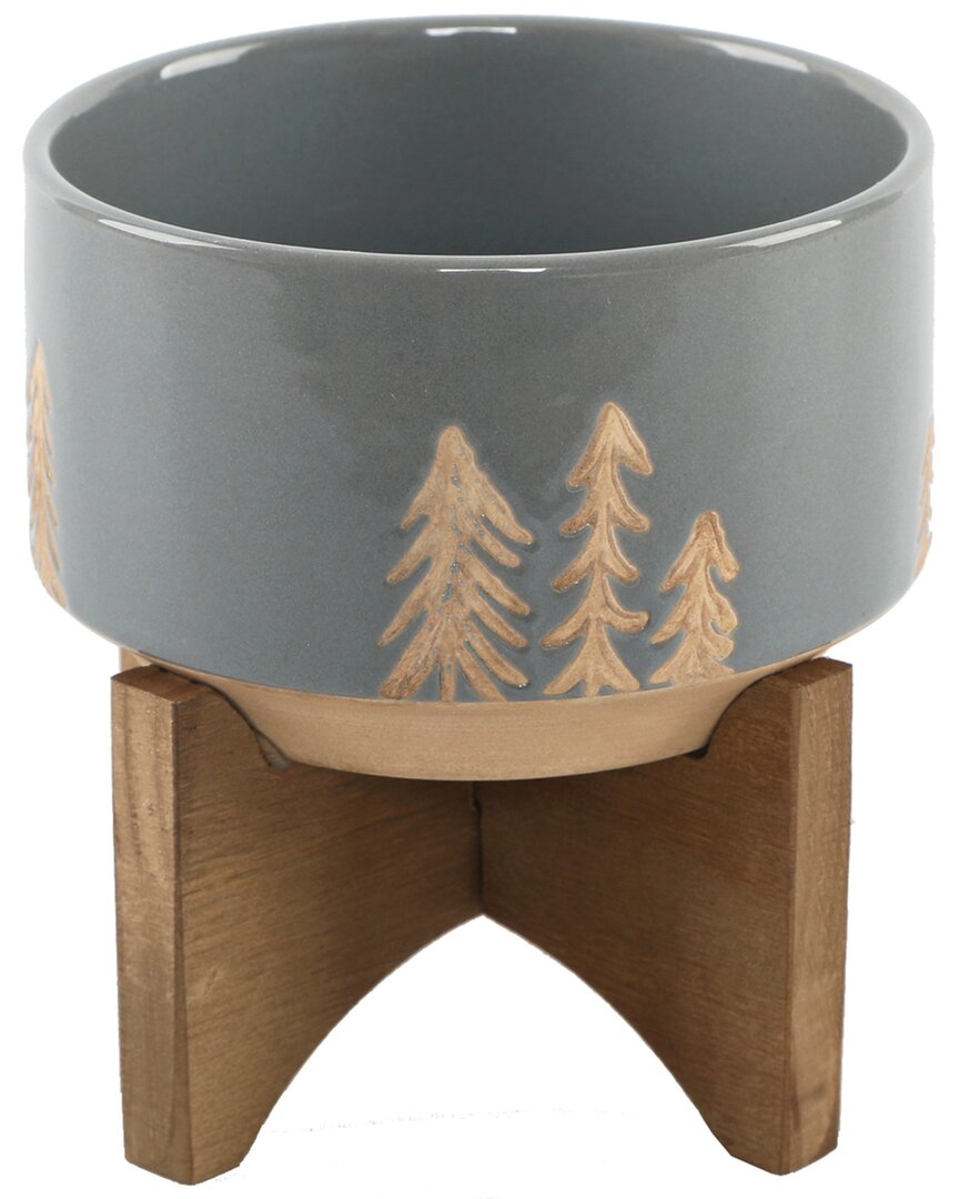 Flora Bunda 4in Xmas Gray Ceramic On Wood Stand