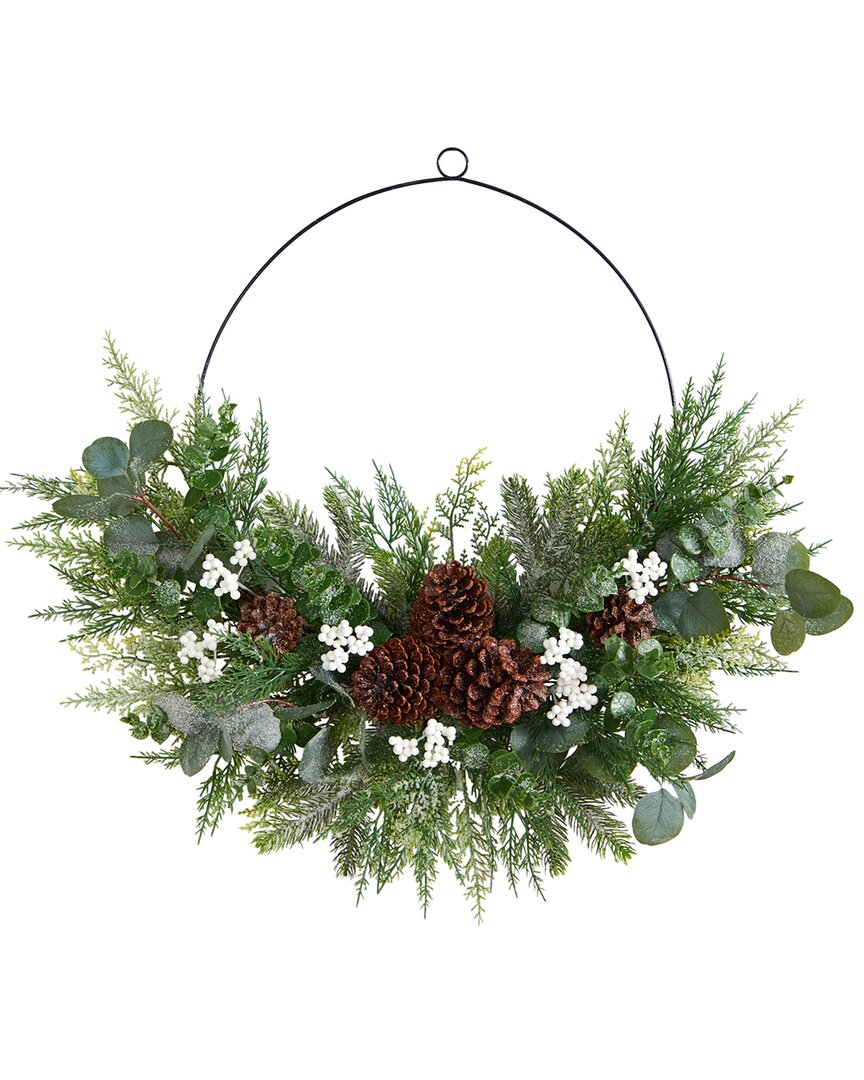 Nearly Natural 28in Christmas Pine, Eucalyptus, And Berries Metal Circlet Artificial Wreath In Green