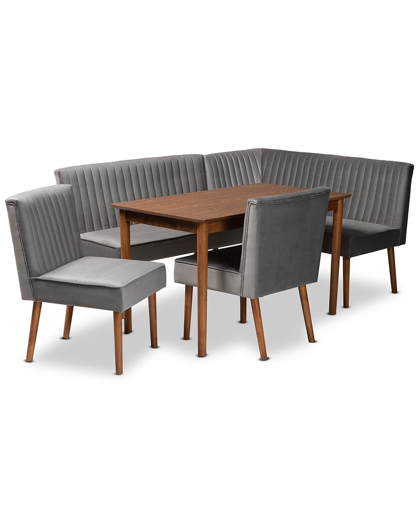 Baxton Studio Alvis Mid-century Modern Velvet Upholstered 5pc Dining Nook Set In Grey