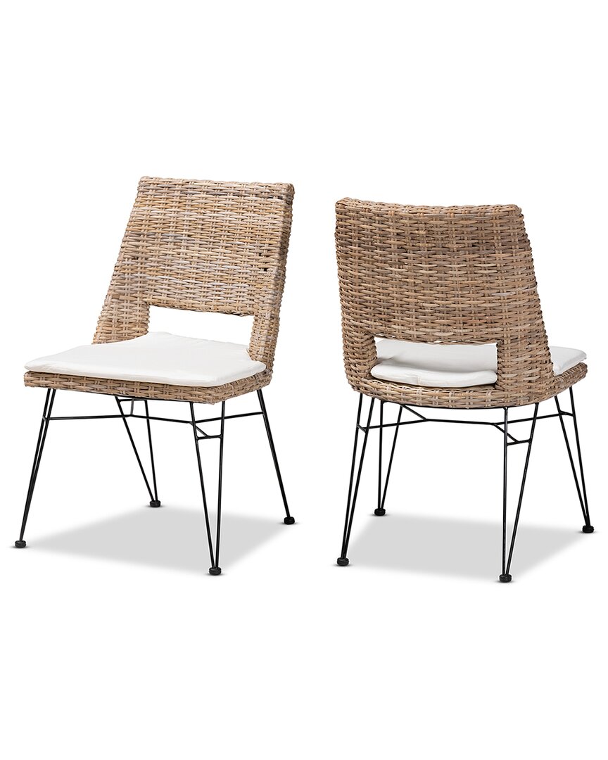 Baxton Studio Nafaro Modern Bohemian Natural Rattan Metal Dining Chair With Cushion 2pc Set In Grey