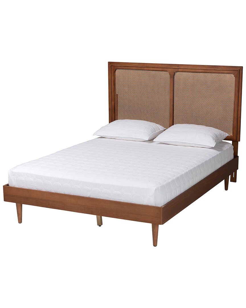 BAXTON STUDIO BAXTON STUDIO BORIS MID-CENTURY MODERN ASH WALNUT WOVEN RATTAN QUEEN SIZE BED 