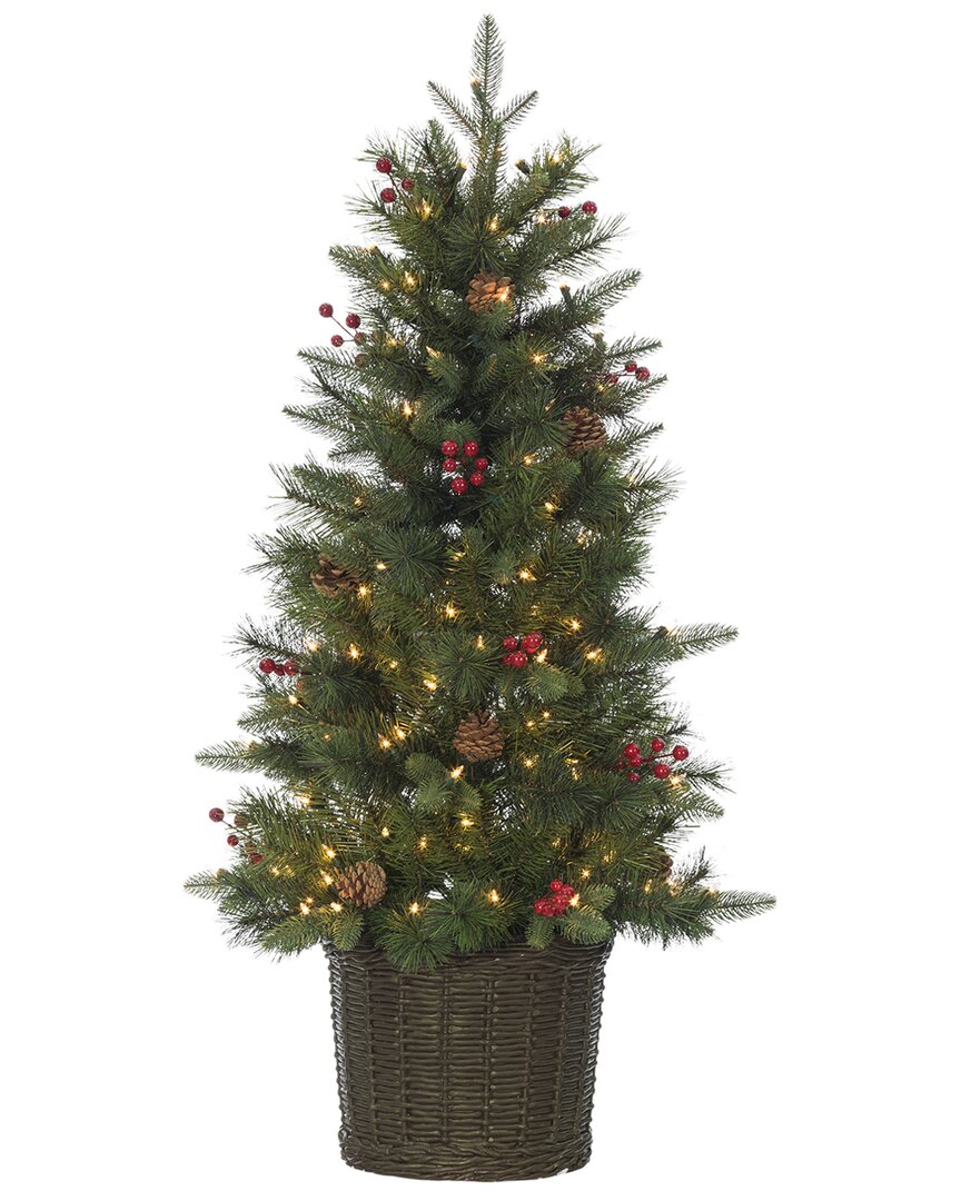Sterling Tree Company 4ft Potted Hard Mixed Needle Natural Cut Riverton Pine With Pine Cones And Berries And 150 Clear Lig In Green