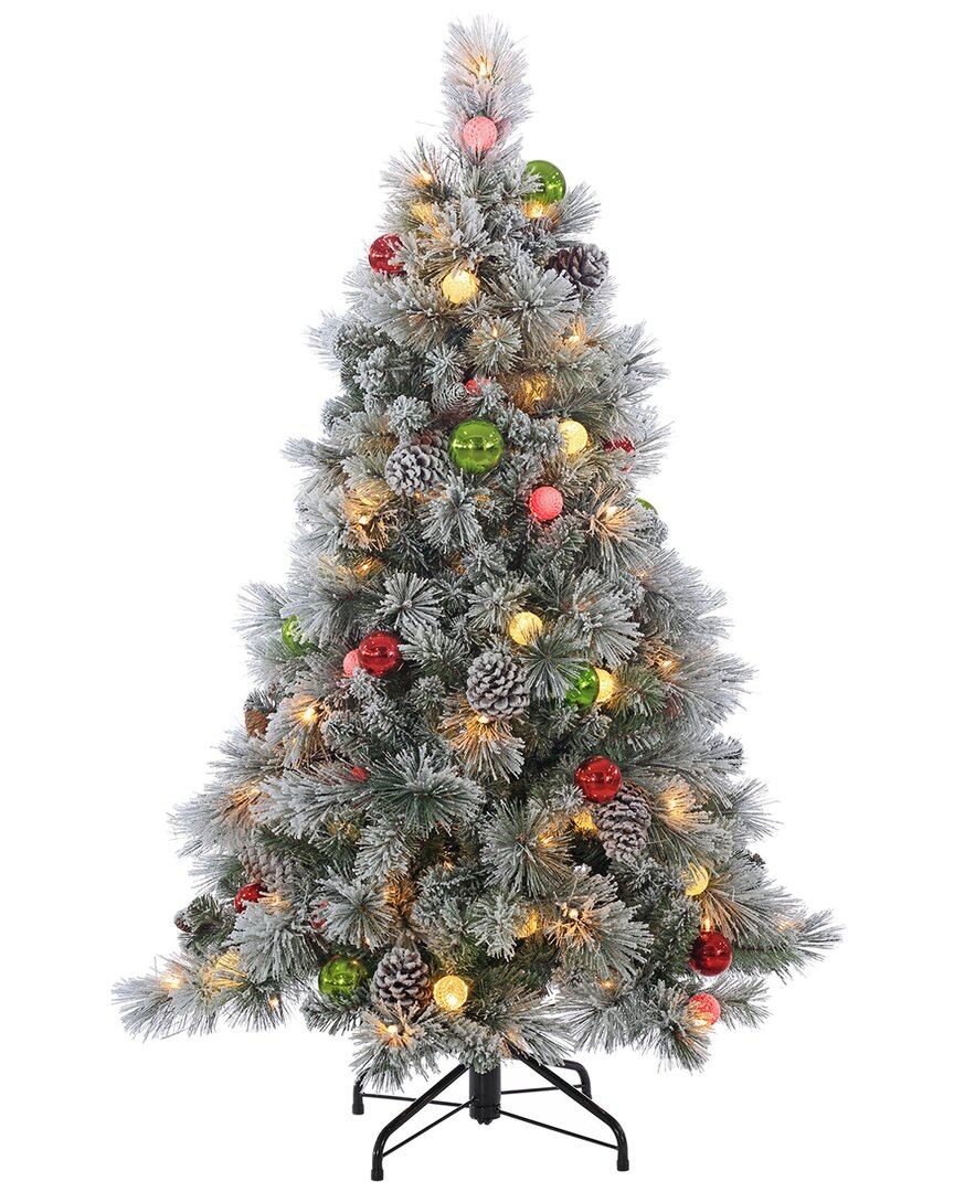 Sterling Tree Company 4.5ft Pre-lit Flocked Hard Needle Pine With Ornaments And 50 G40 Led Glass Bulbs In Green