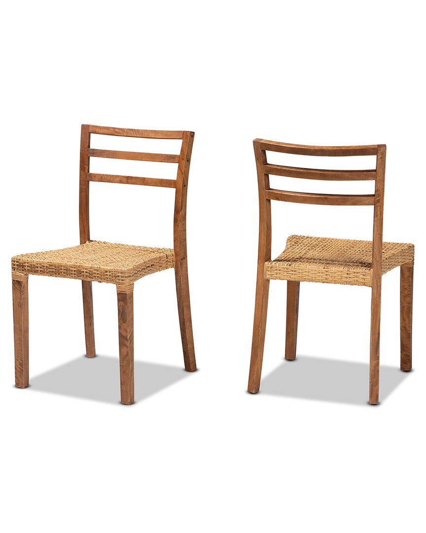 Baxton Studio Arthur Wood And Natural Rattan 2pc Dining Chair Set In Brown