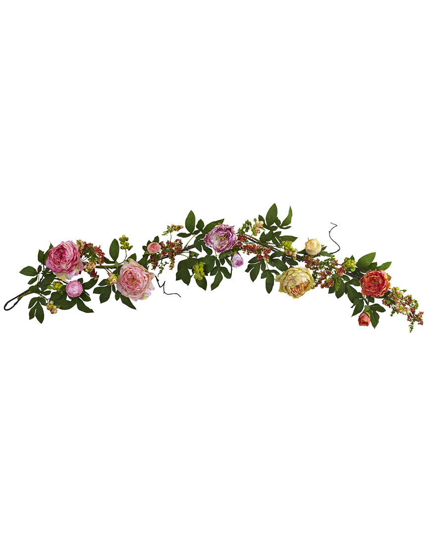 Nearly Natural 60" Mixed Peony And Berry Garland In Orange