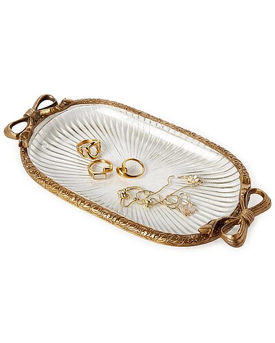 Two's Company Antique Finish Glass Vanity Table / Desk Tray