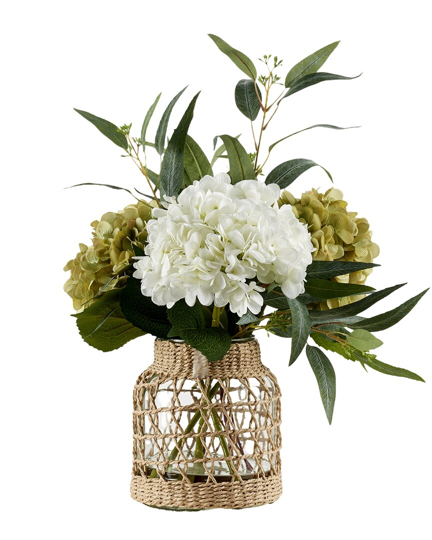 D&w Silks Hydrangeas And Eucalyptus In Jute Wrapped Glass Vase In White