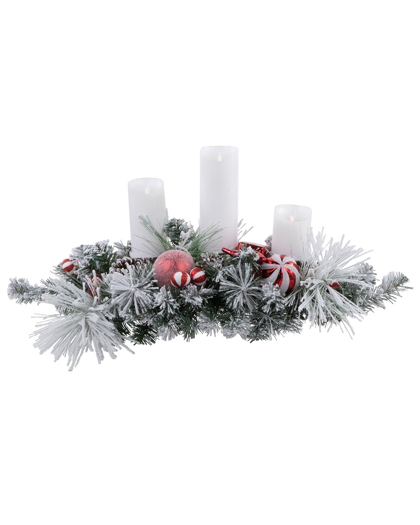 Northlight Triple Candle Holder With Flocked Pine & Christmas Ornaments In Multi