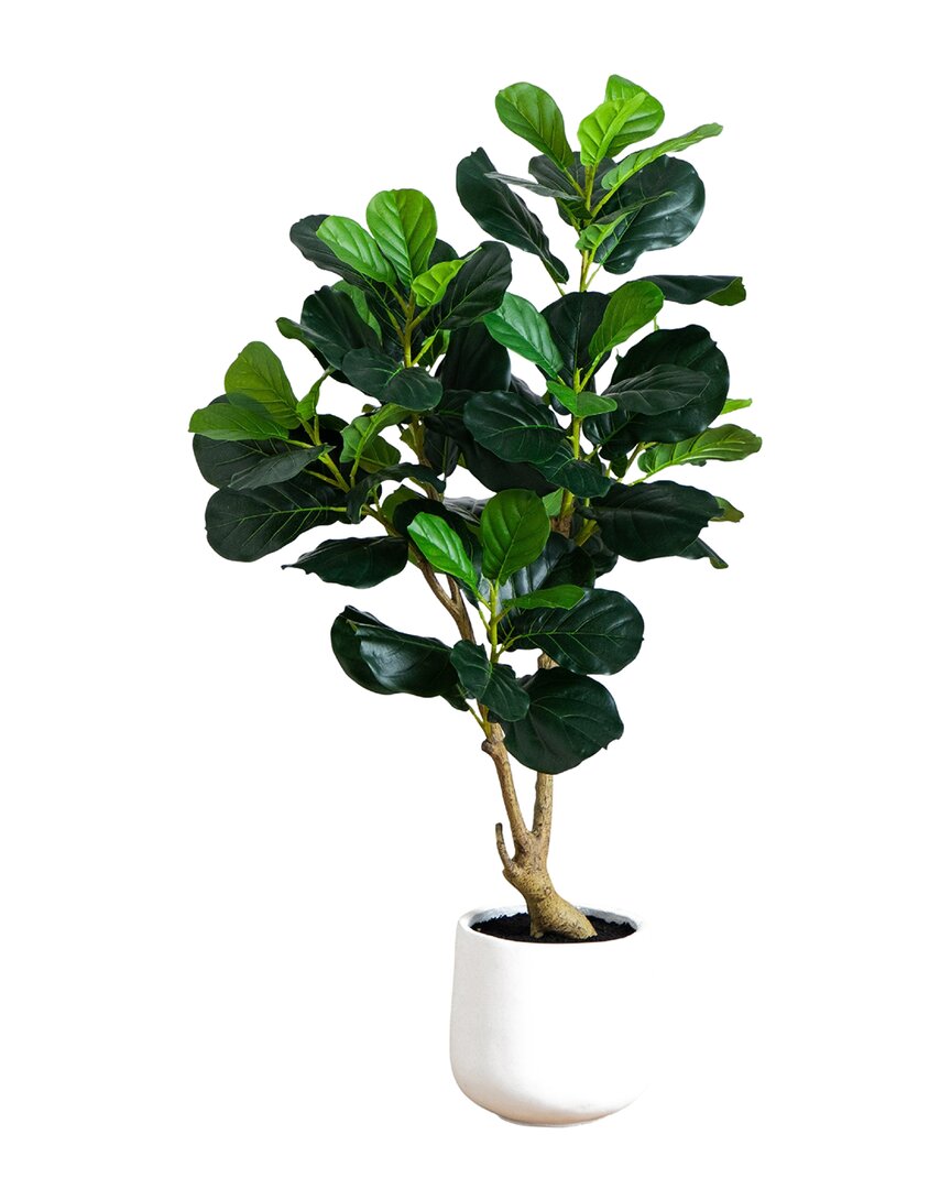 Nearly Natural 4ft Artificial Lush Fiddle Leaf Tree In Decorative White  Planter In Green