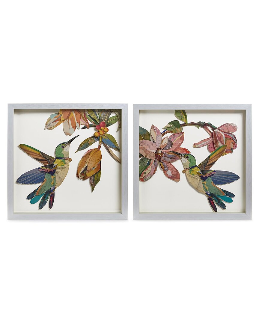 Two's Company Set Of 2 Humming Birds Paper Collage Wall Art In Multicolor