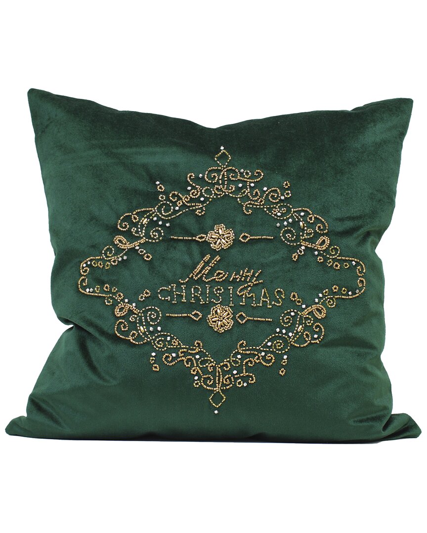 Harkaari Velvet Hand Beaded Merry Christmas Pillow In Green
