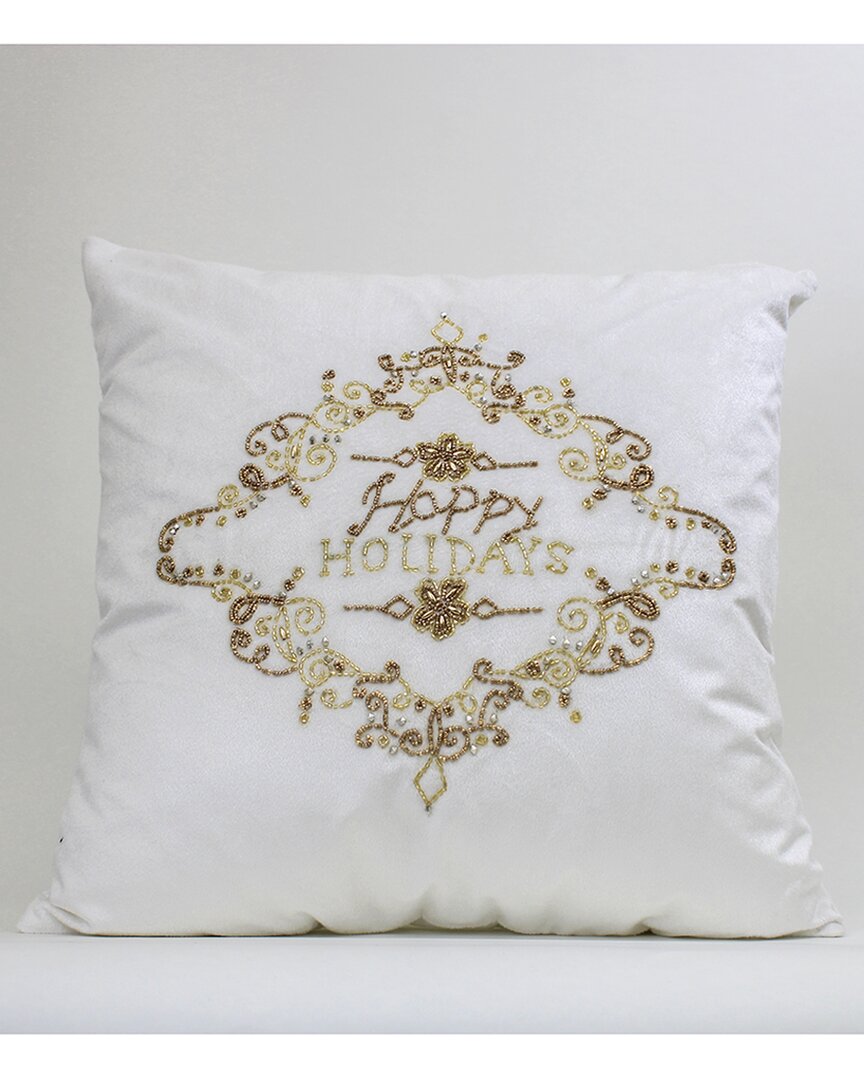 Harkaari Velvet Hand Beaded Happy Holidays Pillow In White