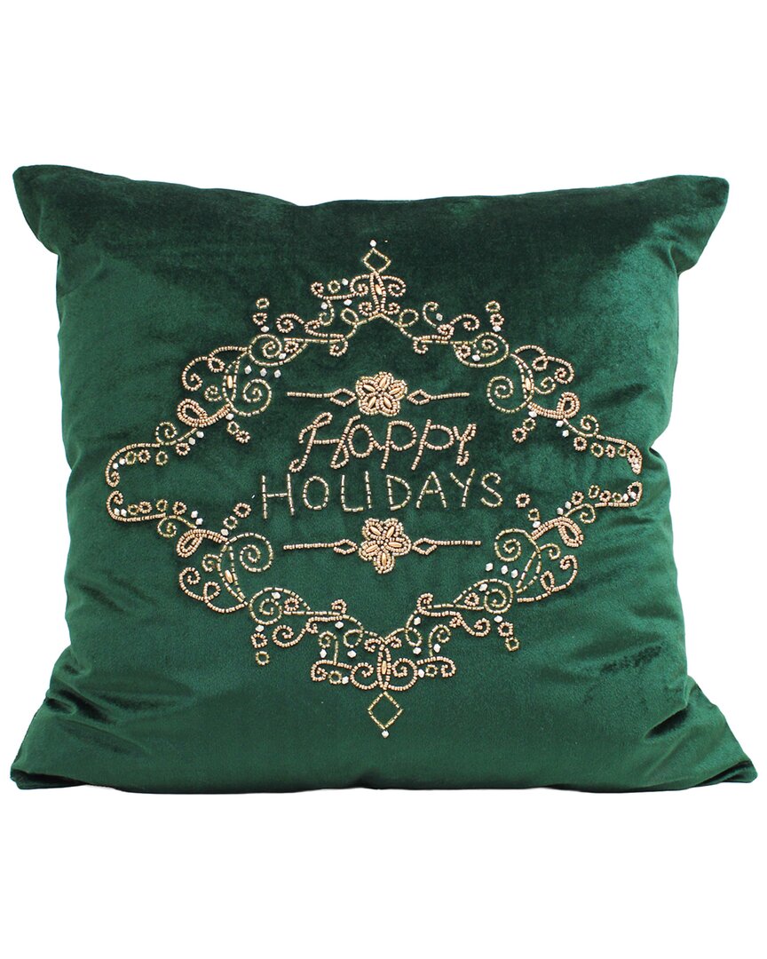 Harkaari Velvet Hand Beaded Happy Holidays Pillow In Green