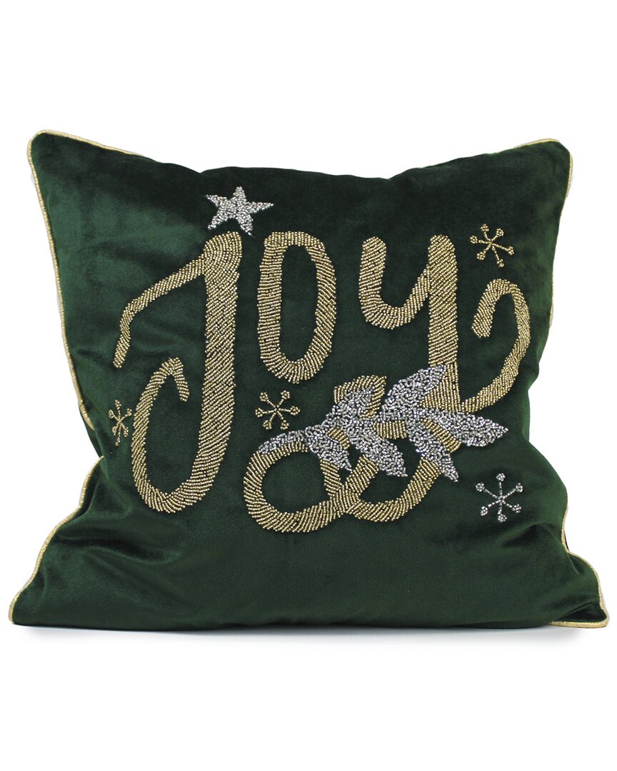 Harkaari Velvet Hand Beaded Holiday Joy Pillow In Green