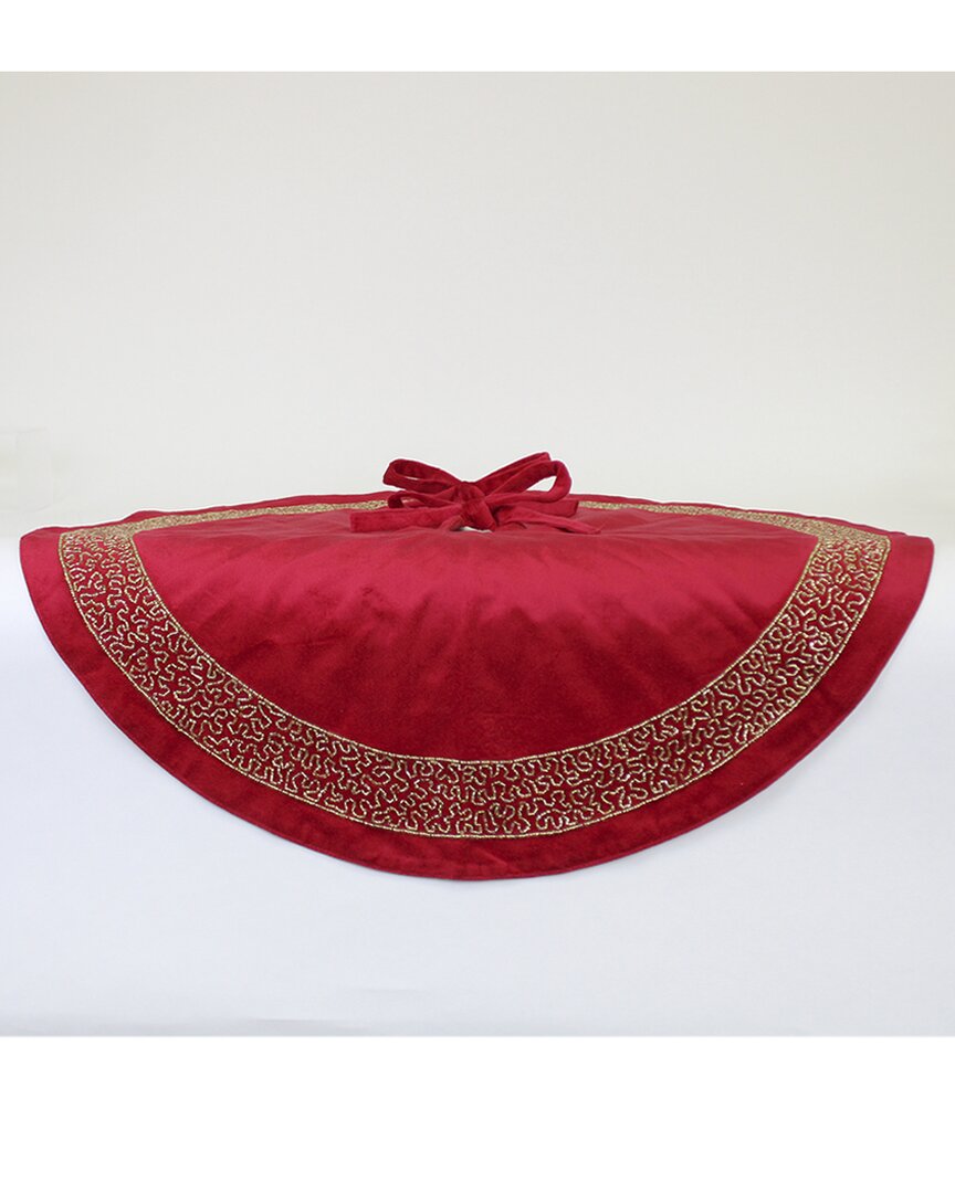 Harkaari Chic Velvet Tree Skirt With Beaded Trim In Red