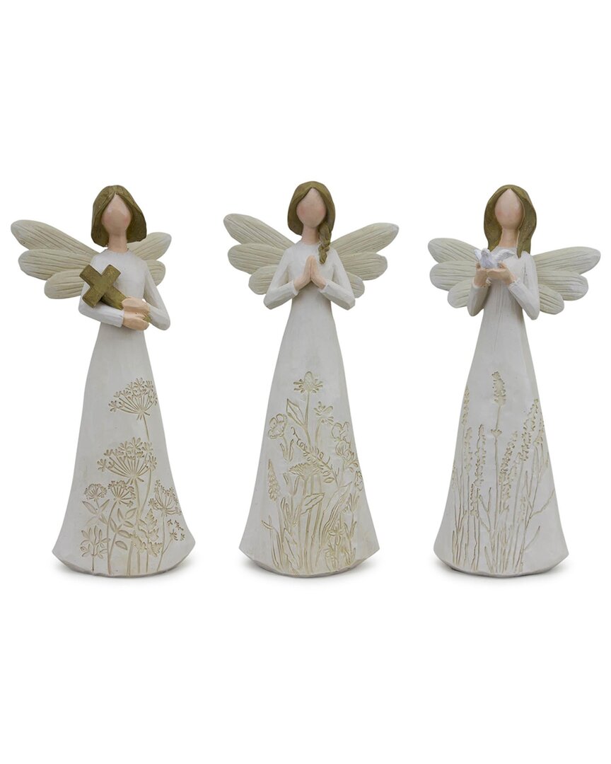 Melrose International Set Of 3 Beige Floral Etched Angel Figurine In White